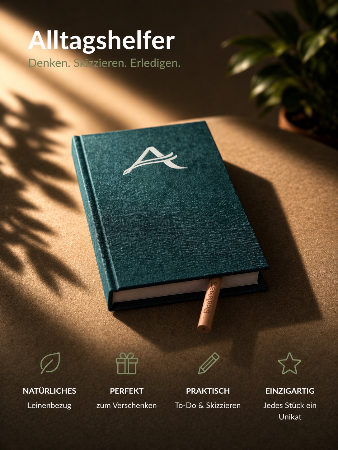 Alltagshelfer-Buch mit Leinenbezug und eingeprägtem A-Signet