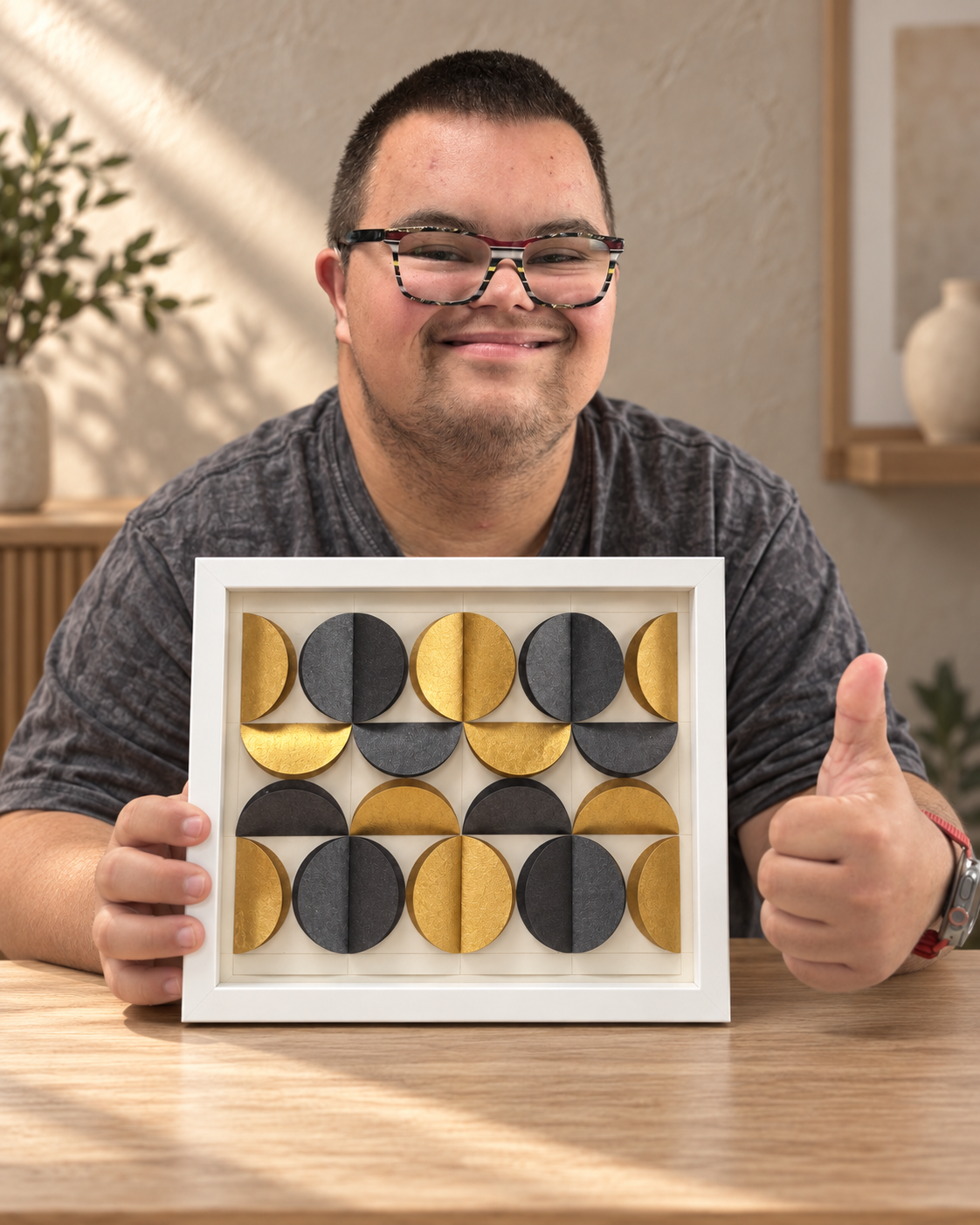 Simon zeigt ein geometrisches Kunstwerk